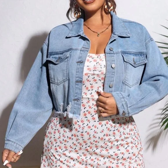 Classic Plus Size Ripped Distressed Light Wash Cropped Jeans Denim Jacket
